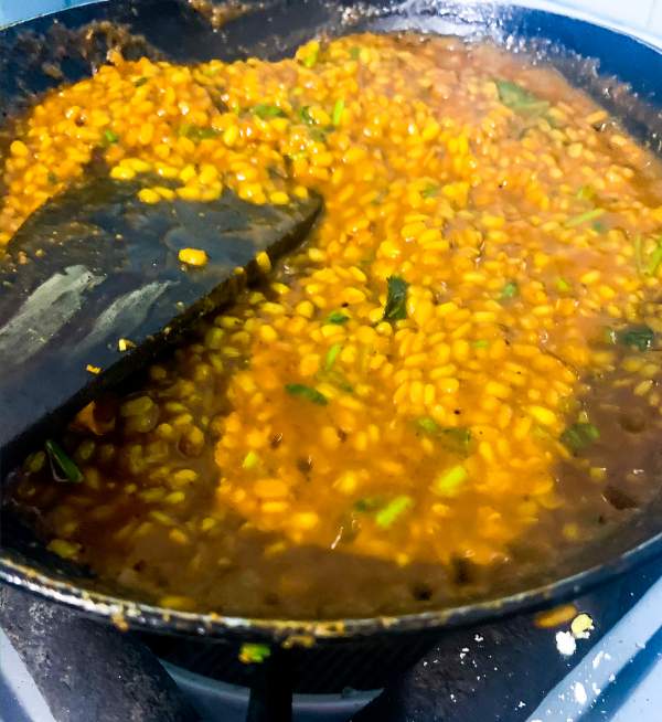 lentils cooking in the skillet