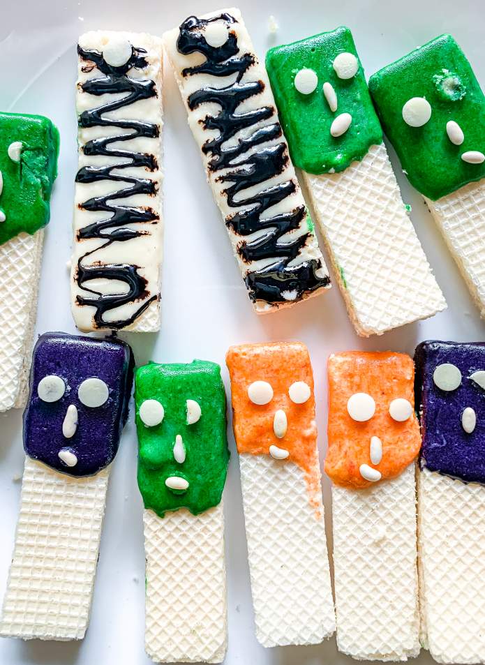 All Halloween Wafer Cookies arranged on a white plate