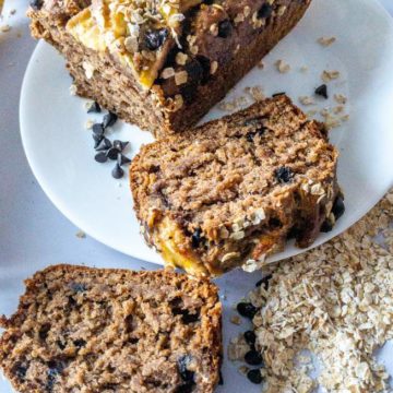 Oats Chocolate Banana Bread with two bread loaves cut out