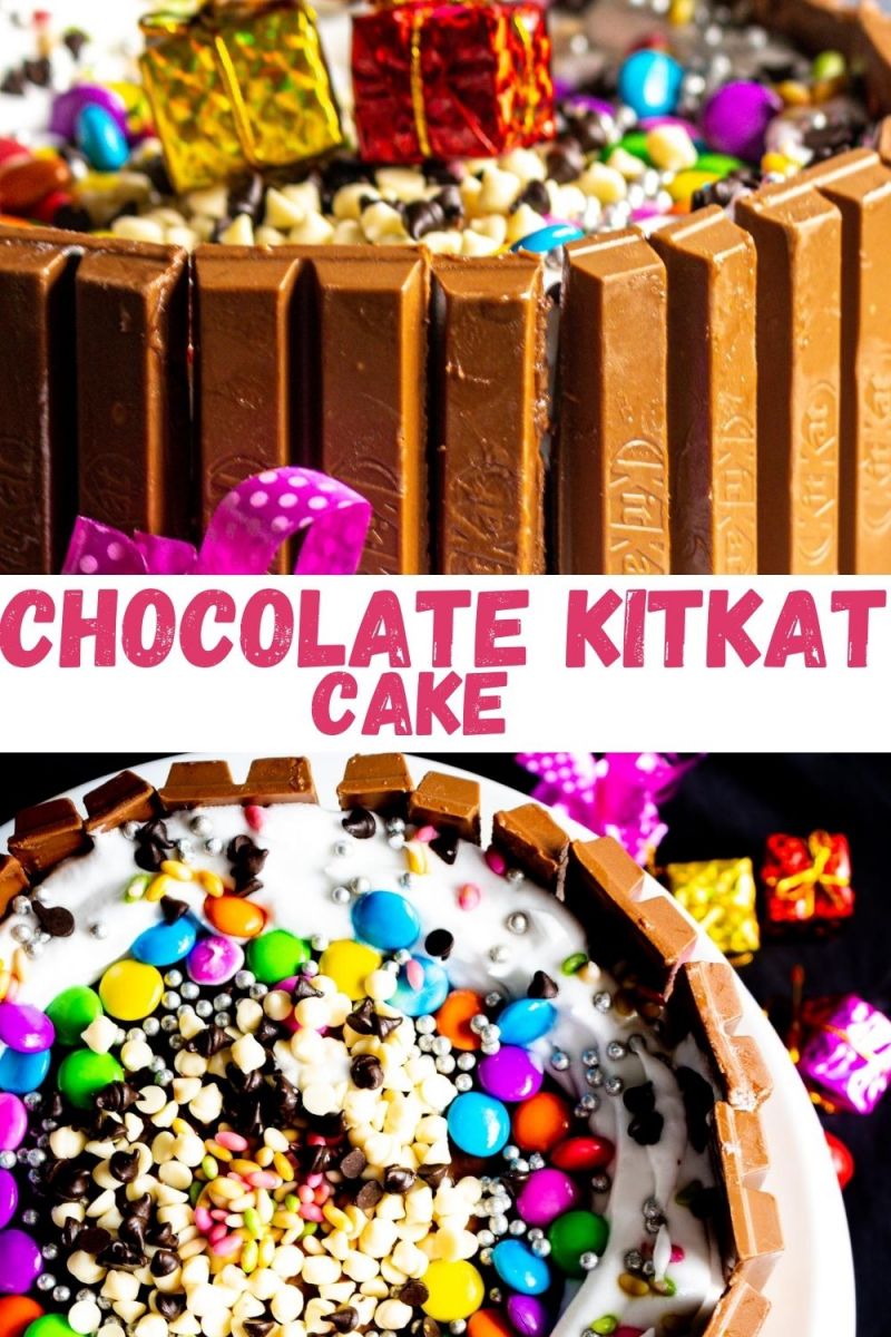 Simplest Eggless Chocolate Kitkat Birthday Cake with M&Ms and Chocolate Chips