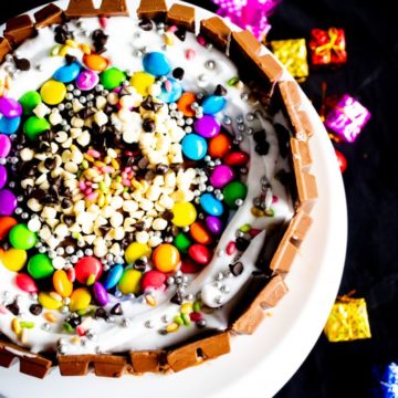 Simplest Eggless Chocolate Kitkat Birthday Cake with M&Ms and Chocolate Chips