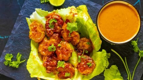 Bang Bang shrimp on lettuce leaf