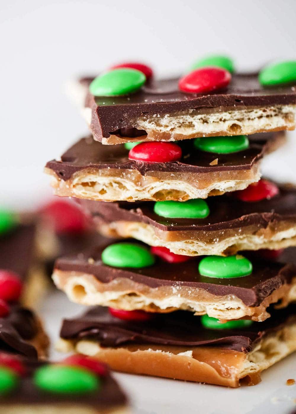christmas crack broken in half and topped with red and green M&Ms