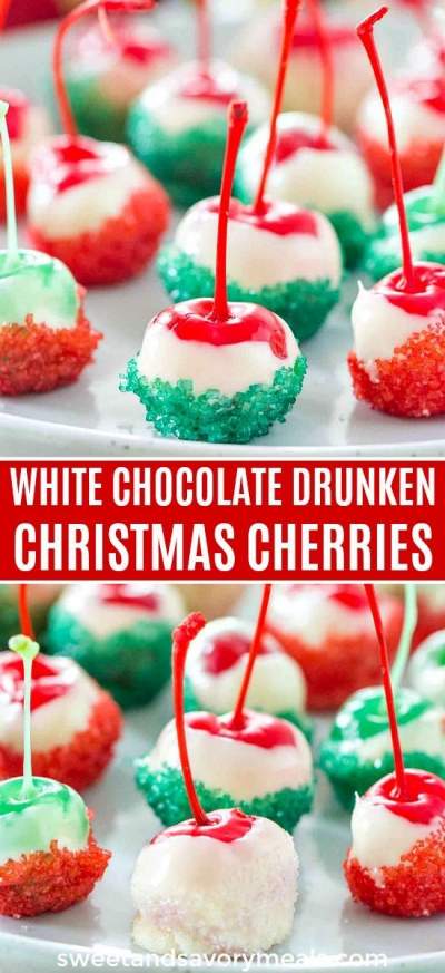 cherries dipped in white chocolate and covered in christmas sprinkles