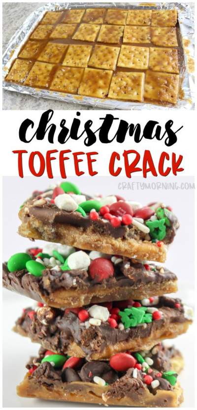 toffee crack covered in chocolate and topped with Christmas M&Ms