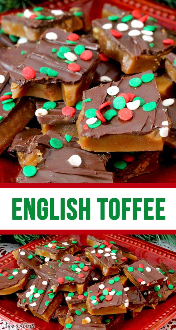 english toffee covered with chocolate and topped with christmas sprinkles