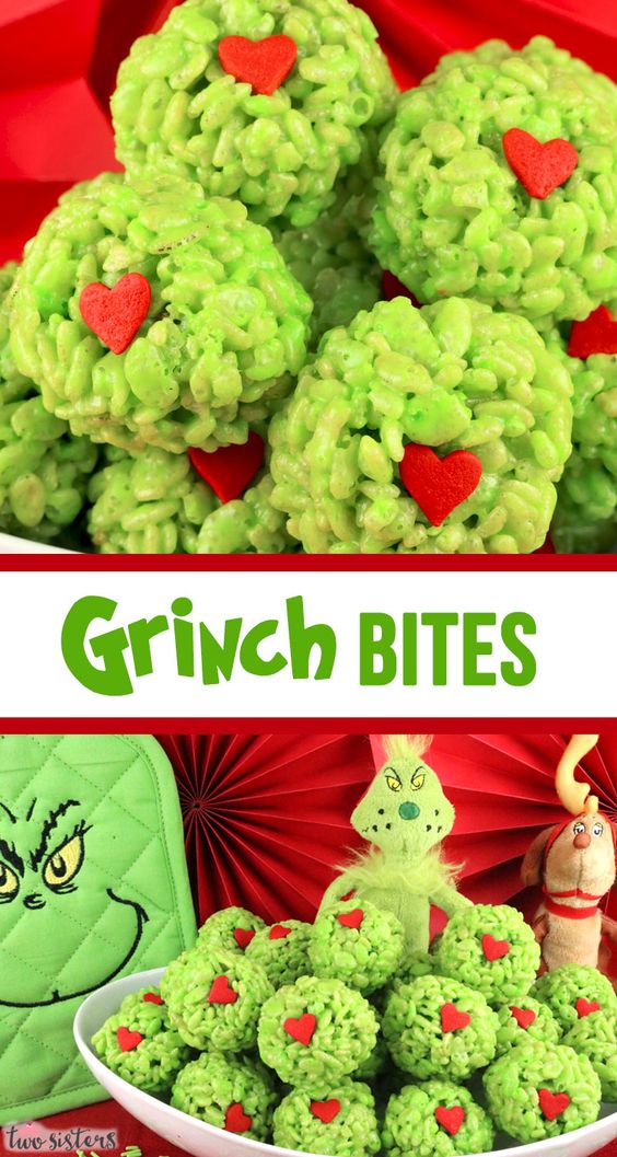 grinch rice crispie bites with candy hearts