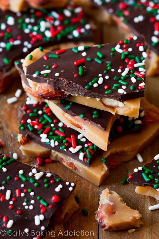 almond toffee with dark chocolate and topped with christmas sprinkles