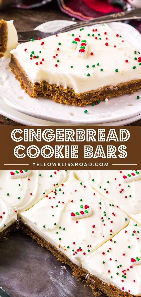 gingerbread cookie bars with cream cheese frosting and christmas sprinkles