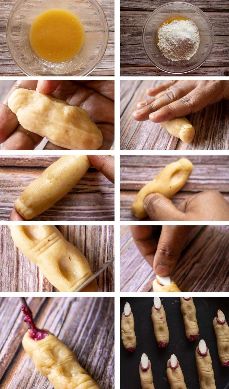 Witchs Finger sugar cookies for halloween Collage of steps