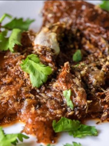 Close up of one smashed potato on a white plate