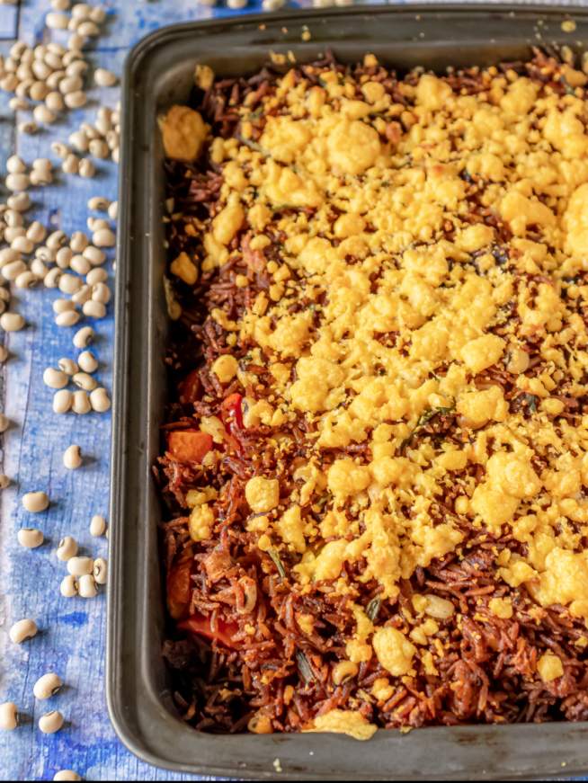 Baked TEX MEX black eyed peas and rice casserole with roasted garlic 