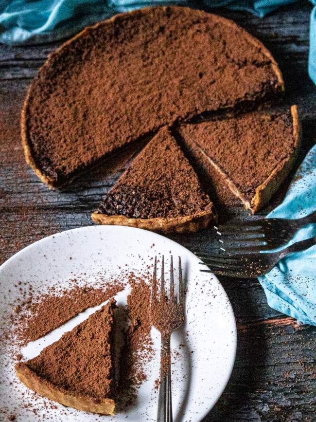 Vegan Chocolate Chess Pie with a slice cut out