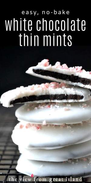 White chocolate covered thin mints with crushed peppermint on top