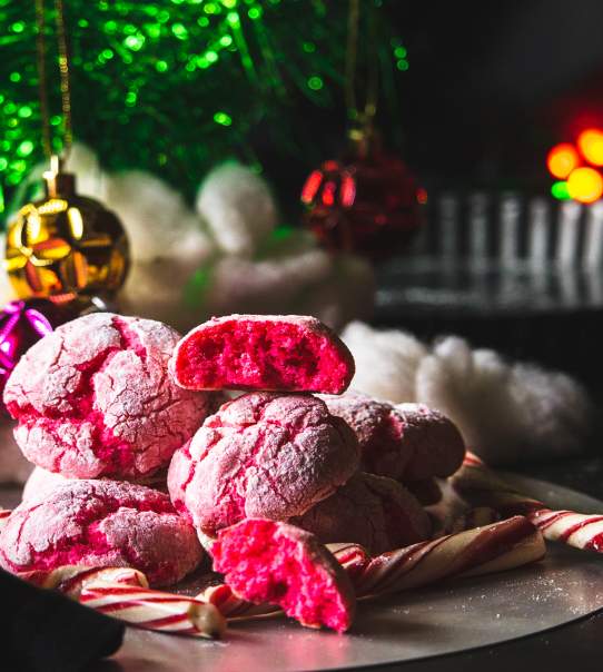 Candy Cane Crinkle Cookies in a plate