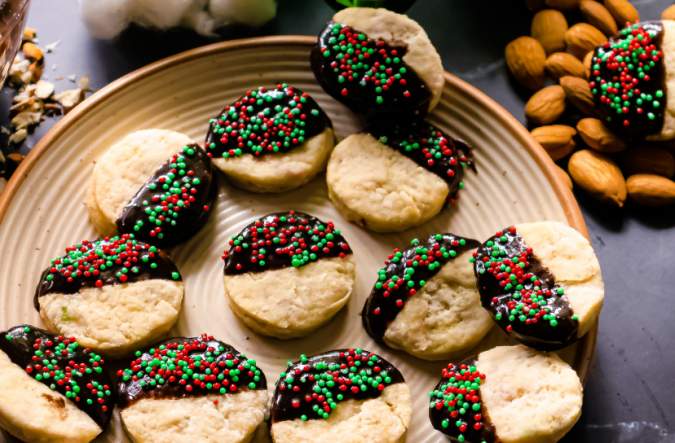 Chocolate Dipped Shortbread Christmas Cookies stack