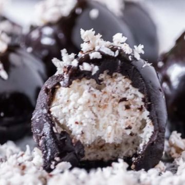 Close up of Dark Chocolate Coconut Balls