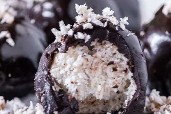 Close up of Dark Chocolate Coconut Balls