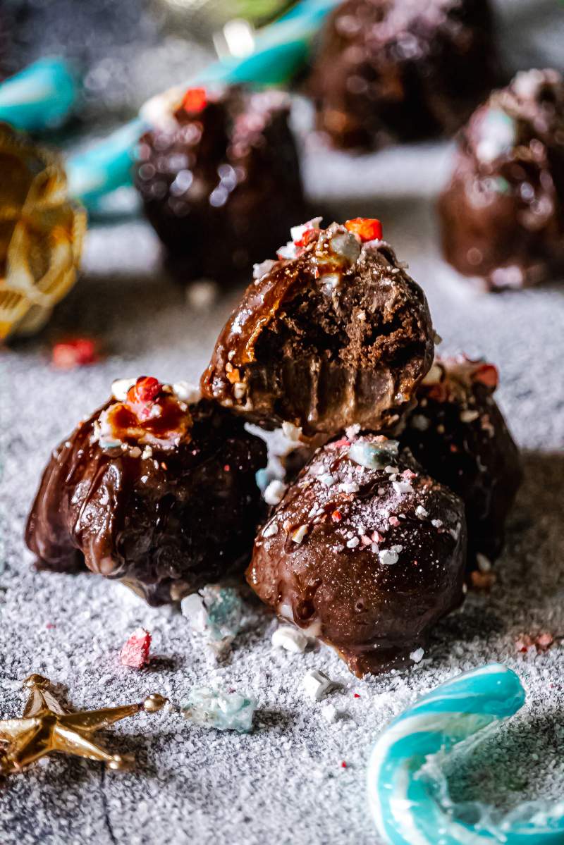 Dark Chocolate Peppermint Truffles in a stack