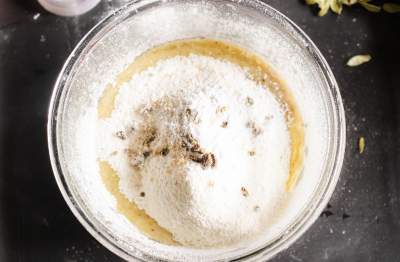 dry ingredients for Orange Spiced Eggnog Muffins