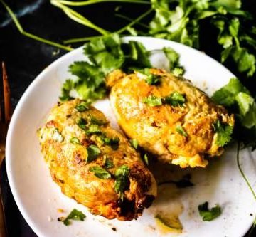 overhead shot of broccoli stuffed chicken breast