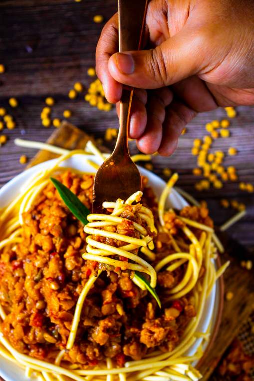 a spoonful of Lentil Bolognese with Spaghetti 