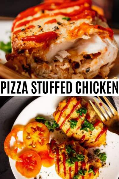 Cheesy Pizza Stuffed Chicken Roll-Ups Collage image