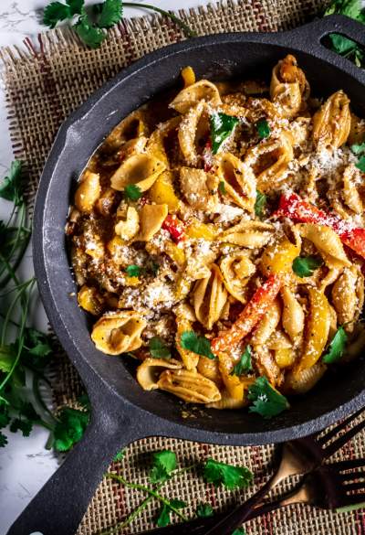 Roasted Red Pepper Shell Pasta kept in a skillet
