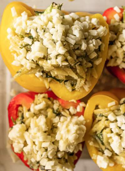 Spinach Ricotta Orzo Stuffed Peppers before baking