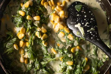 Spinach Ricotta Corn filling in a skillet