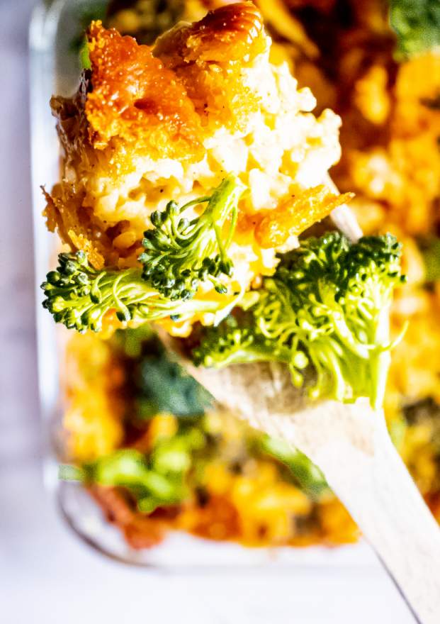 Cheesy Broccoli Rice Casserole in a spoon