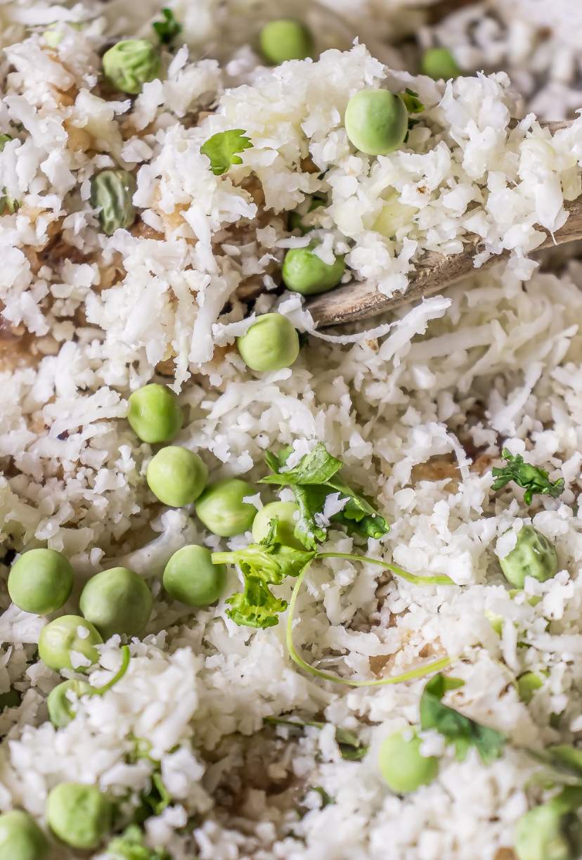 cauliflower rice risotto with green peas and cilantro