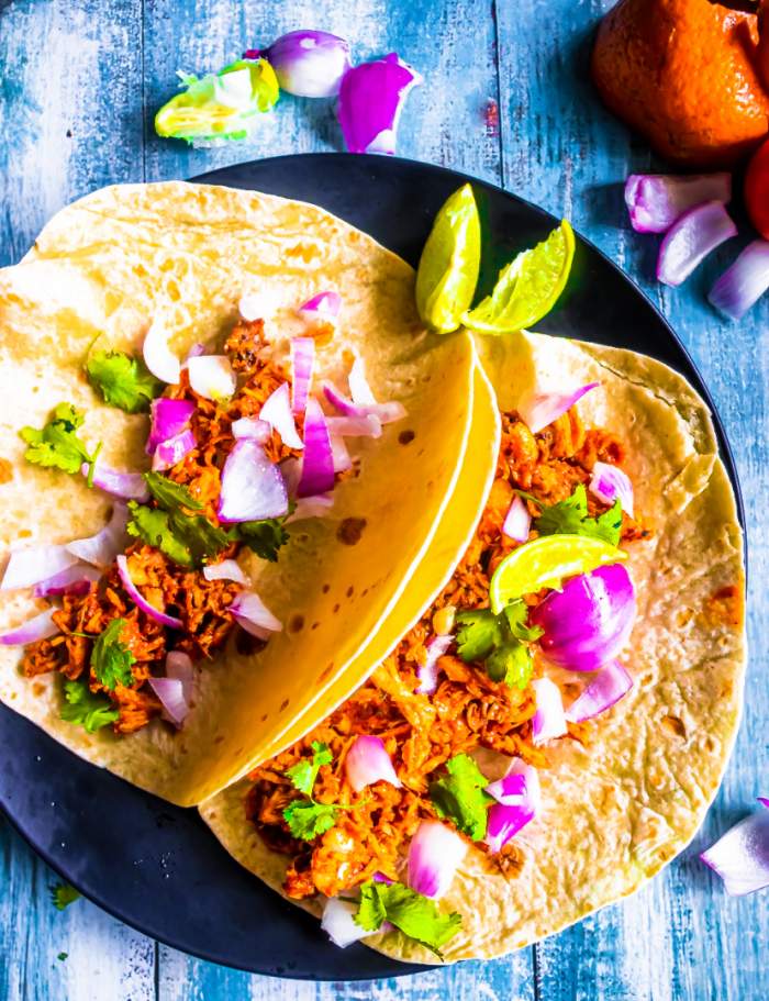 Chicken Carnitas Tacos or Mexican Shredded Chicken Tacos served