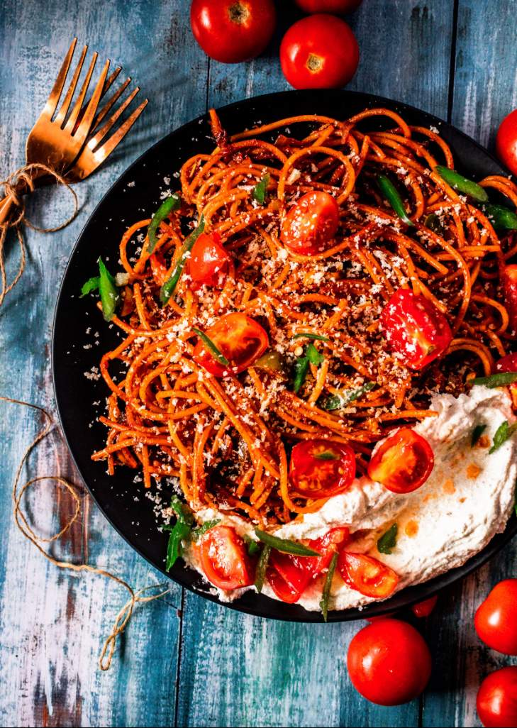 One Pot Spaghetti Recipe (NO MEAT) with whipped ricotta and herbs