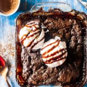 CHOCOLATE COBBLER WITH ICE CREAM IN A BAKING DISH