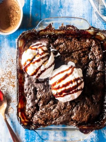 CHOCOLATE COBBLER WITH ICE CREAM IN A BAKING DISH
