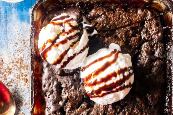 CHOCOLATE COBBLER WITH ICE CREAM IN A BAKING DISH