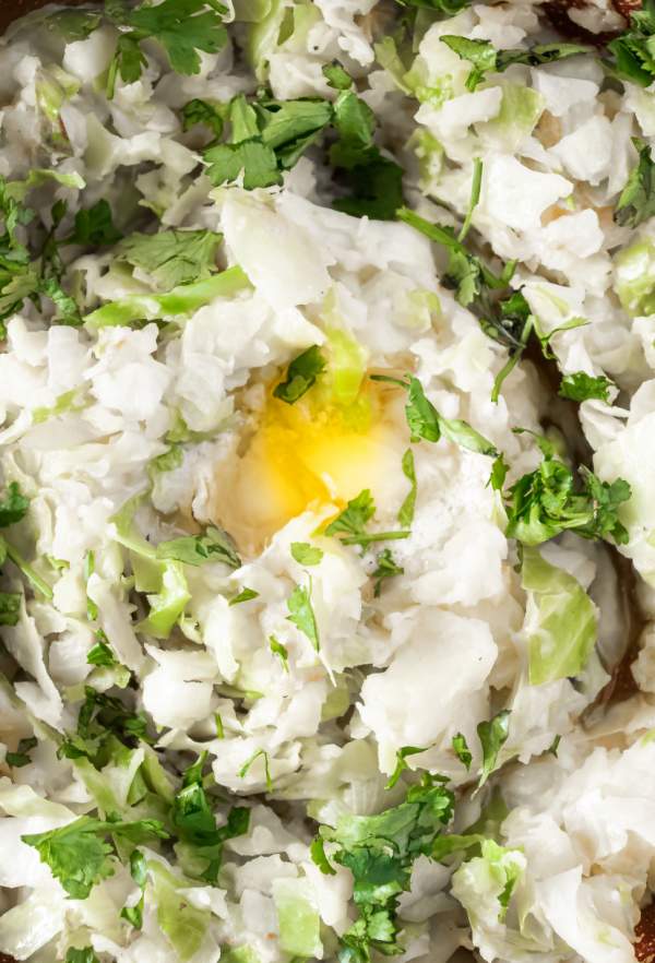 closeup of colcannon with melted butter and cilantro