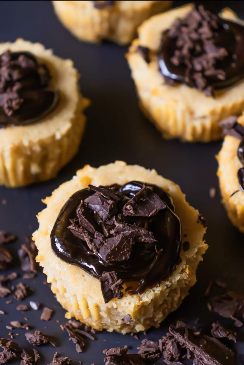 Mini Peanut Butter Cheesecakes with Chocolate Ganache overhead shot