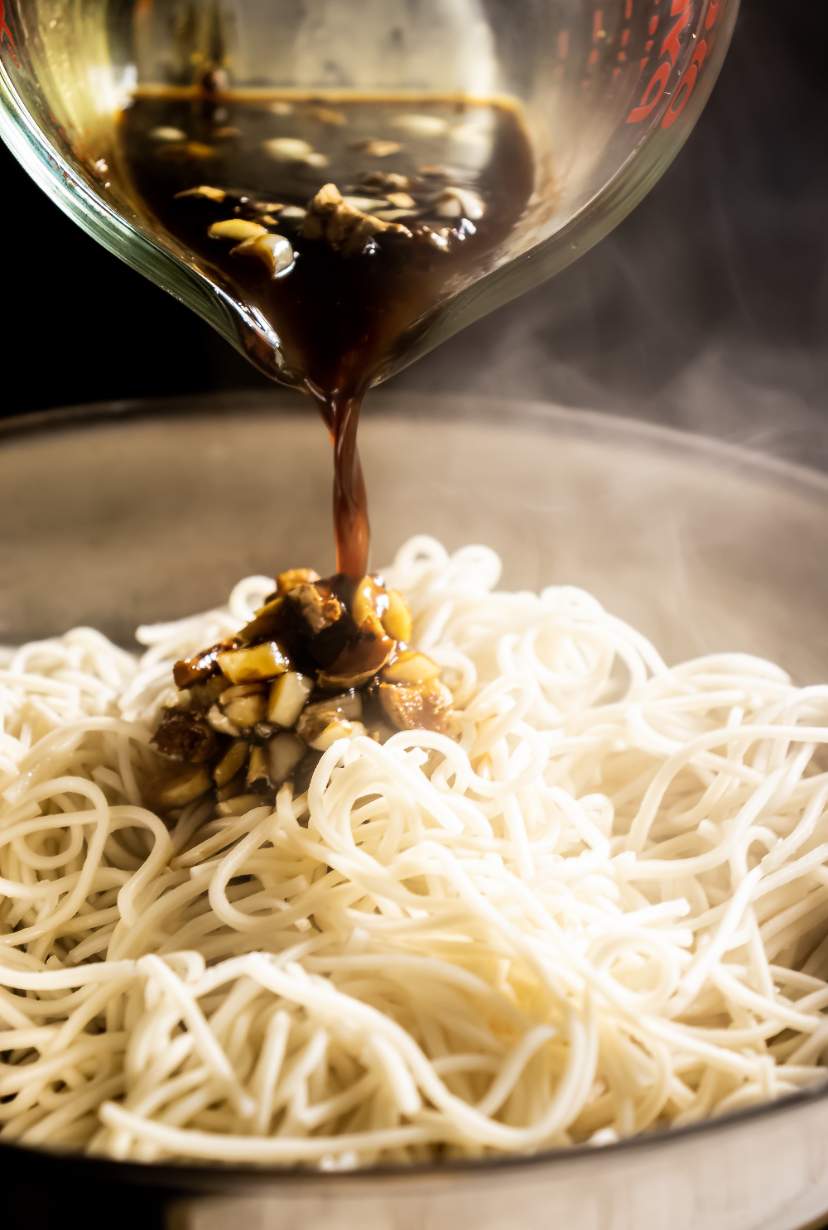 pouring black pepper sauce over noodles