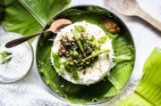 curd rice on a table with banana leaves