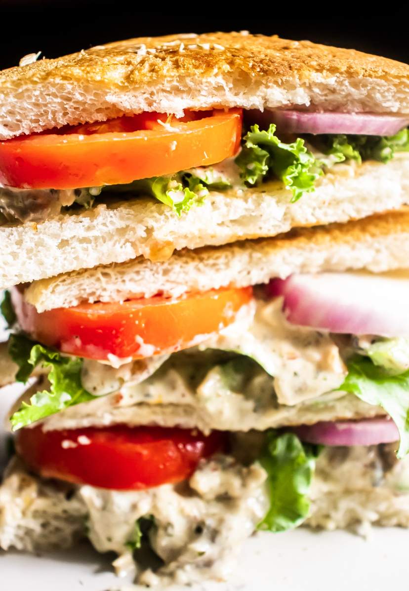 closeup of salmon salad sandwich