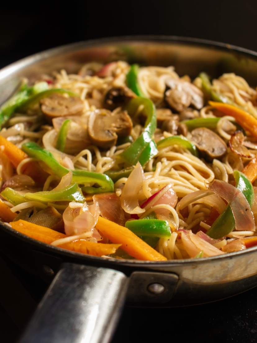 Vegetable Chow Mein in a skillet 