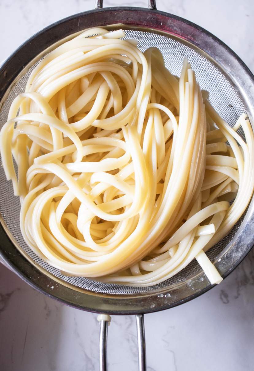 cooked linguine pasta drained and kept in a siever