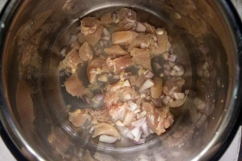 onions, garlic, and chicken added to instant pot