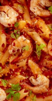 closeup of tomato garlic butter shrimp