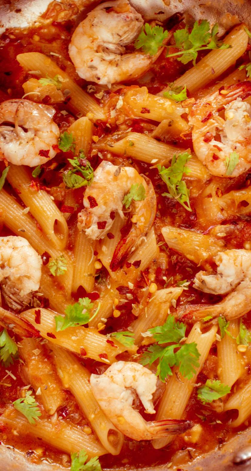 Tomato Garlic Butter Shrimp with penne