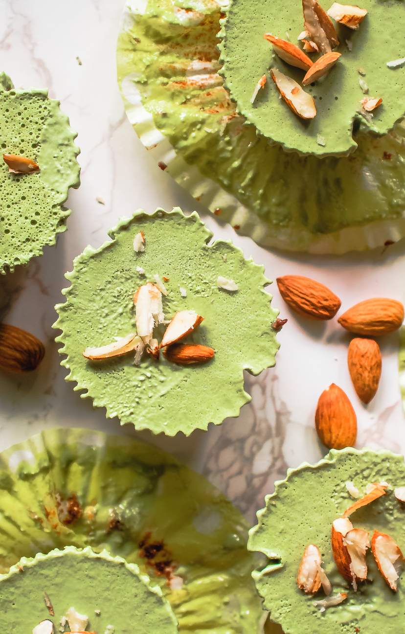 frozen Vegan Matcha Cups with Almond slivers on top