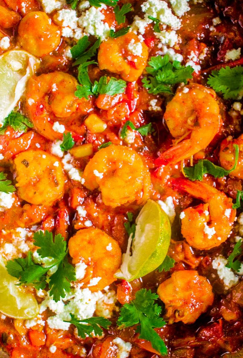 greek shrimp with tomatoes and feta close up