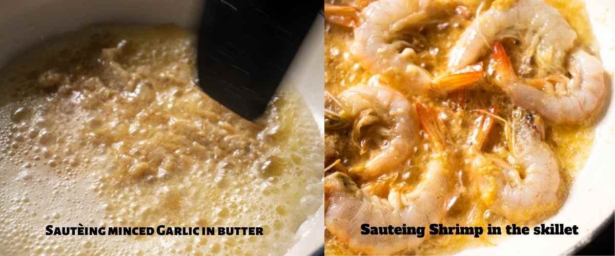 collage of steps for sauteing shrimps